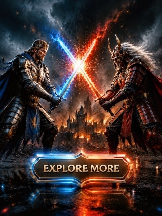 Two armored Generals clash swords in an epic fantasy battle scene.