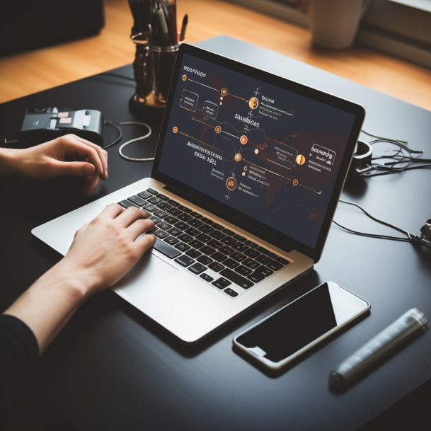 Office scene: a laptop and a man is working