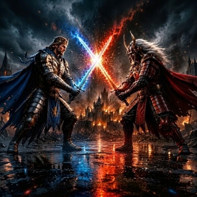 "Two armored kings clash blue and red glowing swords before a burning castle."