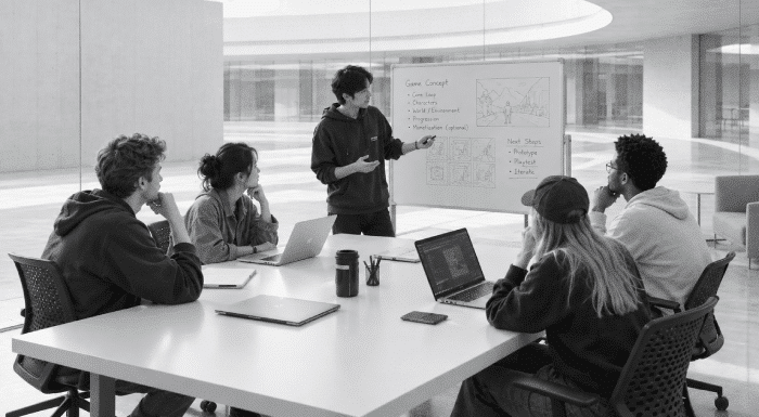 Team meeting in a glass office