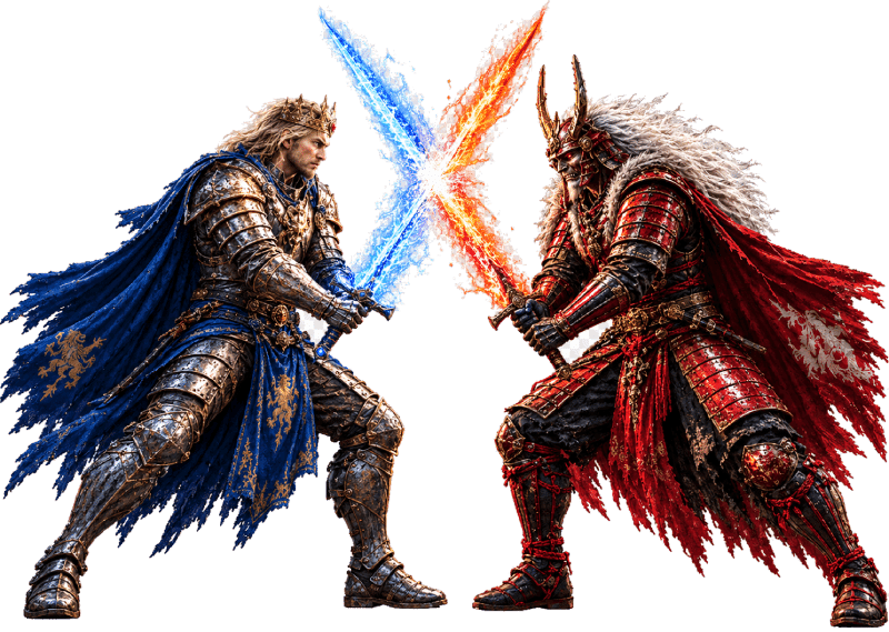 A king fighting against a Japanese samurai with swords